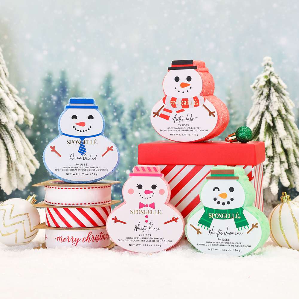 Holiday Snowman Assorted Pack - Body Wash Infused Buffers for festive bathing fun and skin care.