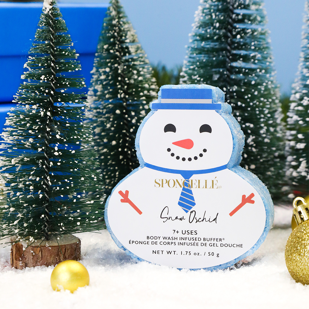 Snow Orchid Holiday Snowman Body Wash Infused Buffer for a festive bathing experience.