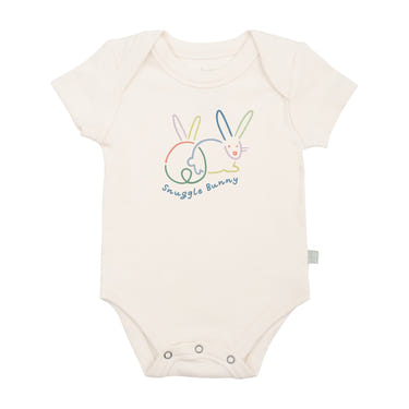 Snuggle Bunny graphic bodysuit for babies, short sleeve design, perfect for comfort and style.