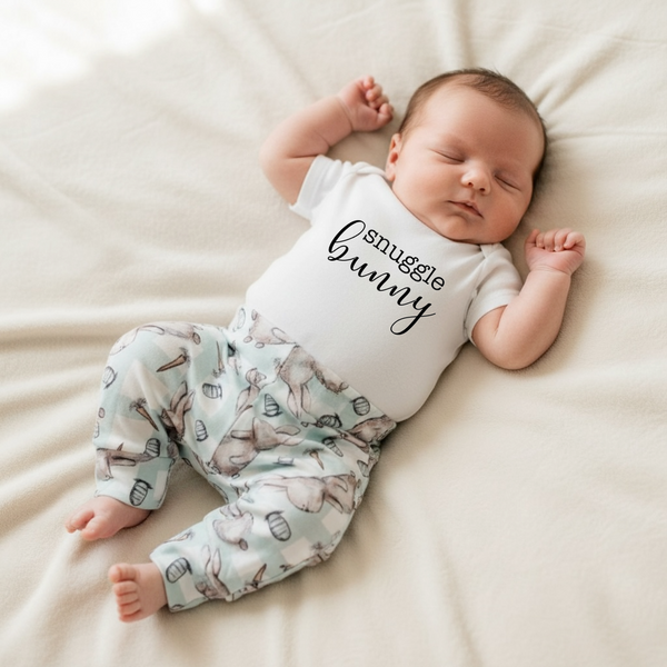 Snuggle Bunny plaid joggers outfit for baby boys, perfect for Easter celebrations. Two-piece set for stylish comfort.