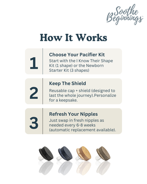 Nipple Sample Pack for pacifiers, showcasing various styles and designs at an angle view.