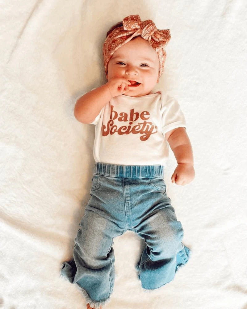 Light wash denim bell bottoms for babies - Sophie collection, stylish and comfortable pants for little ones.