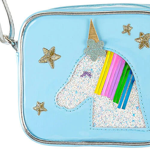 Blue unicorn purse for babies, perfect for storing toys and essentials in a cute and stylish way.