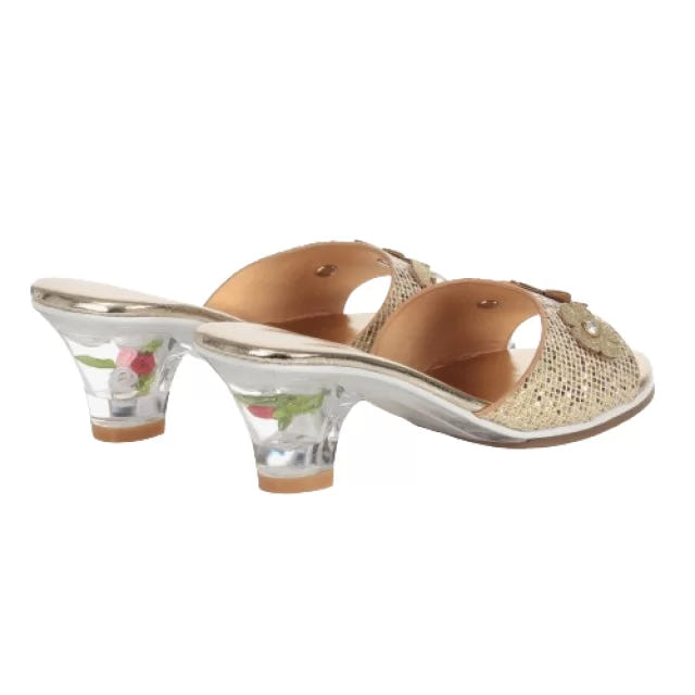 Gold high-heel slippers for kids, Ellina costume accessory for carnival and festive occasions, available in 3 sizes.