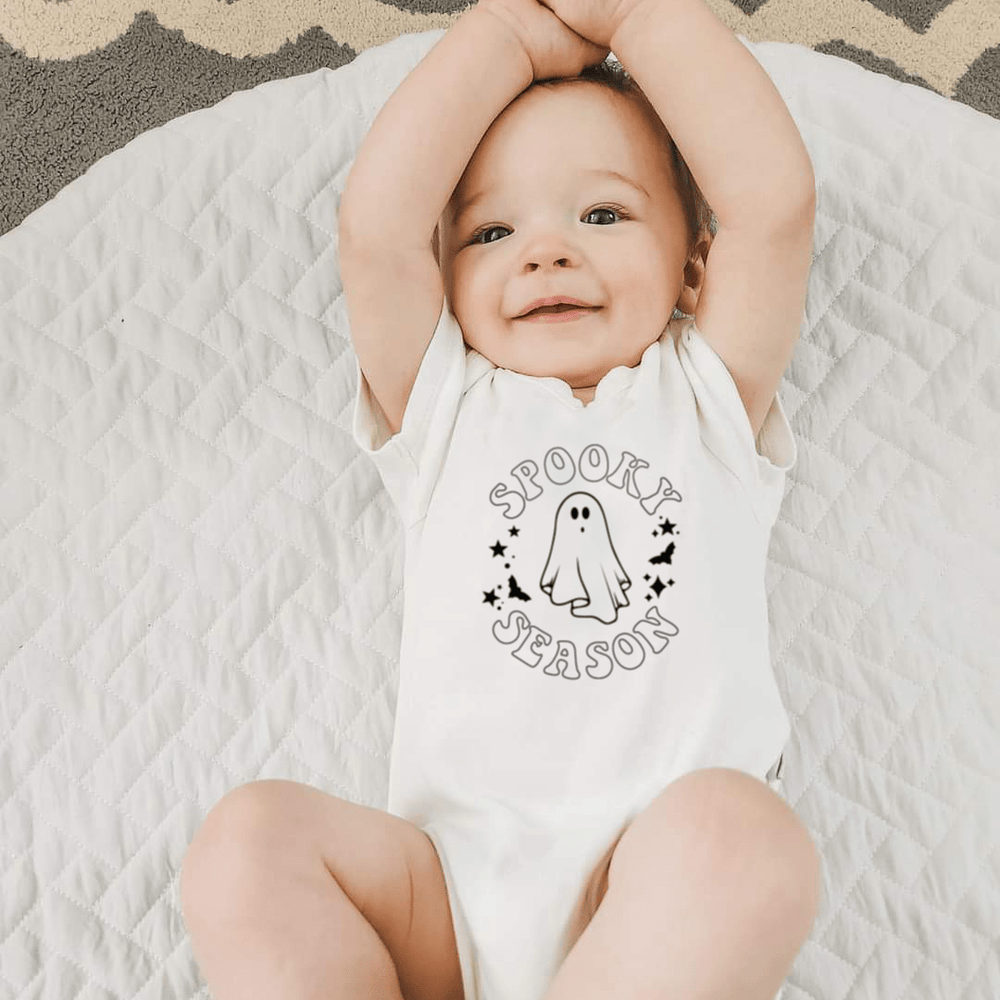 "Spooky season graphic bodysuit for babies - short sleeve design perfect for Halloween festivities."