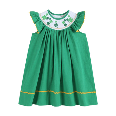 St. Patrick's Day Shamrock Green Smocked Bishop Dress - MOOGCO Baby