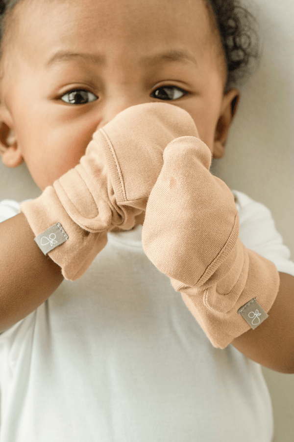 Baby STAY ON MITTS in Sandstone color, angle view 3, perfect for keeping little hands warm and cozy.
