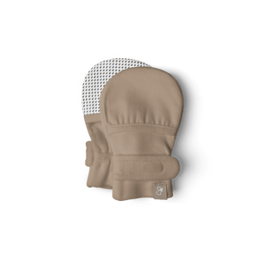Stay On Mitts in Sandstone for babies - soft, secure mittens to keep little hands warm and cozy.