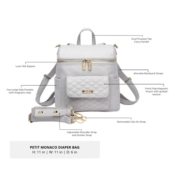 Stylish Petit Diaper Bag in Stone Grey, angled view showcasing its sleek design and functionality for parents on the go.