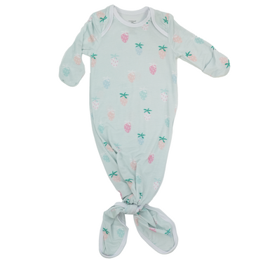 Strawberry print knotted gown for babies 0-3 months, perfect sleep sack for cozy and stylish bedtime.