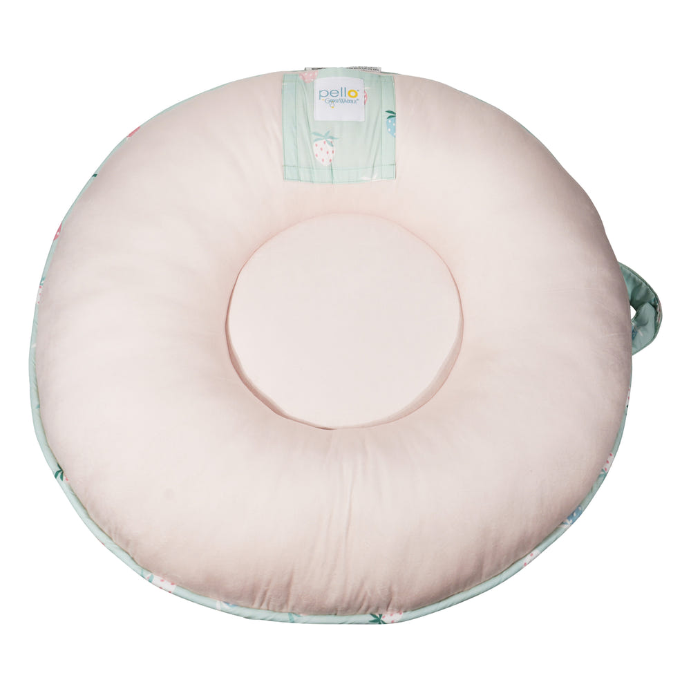 Rosie Berry Strawberry Floor Cushion for babies, featuring a vibrant strawberry design and soft, comfy fabric.