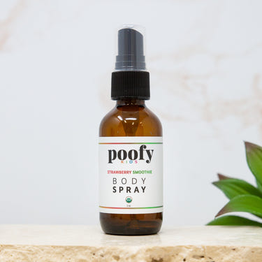 Organic Strawberry Smoothie Body Spray for babies, gentle and refreshing body care in a vibrant bottle.