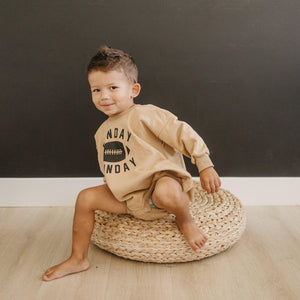 "Sunday Funday Football Sweatshirt Romper in various colors, angle 6 view, perfect baby clothing for game day."