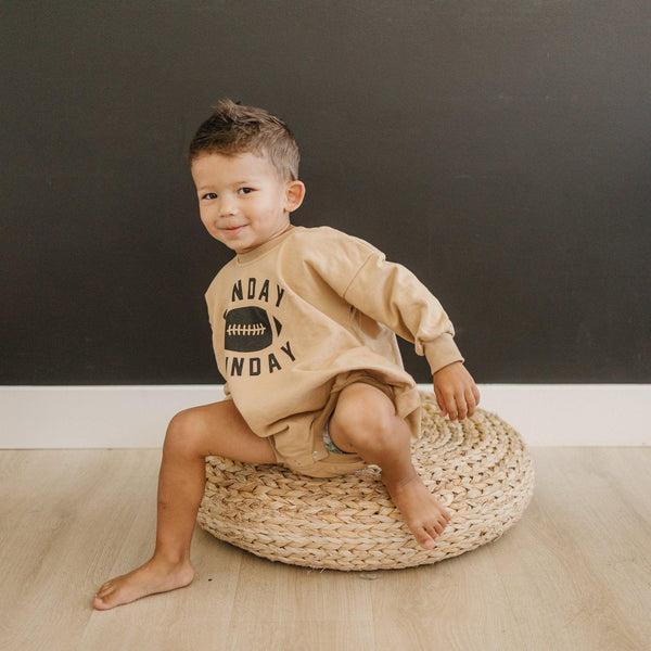 "Sunday Funday Football Sweatshirt Romper in various colors, angle 6 view, perfect baby clothing for game day."