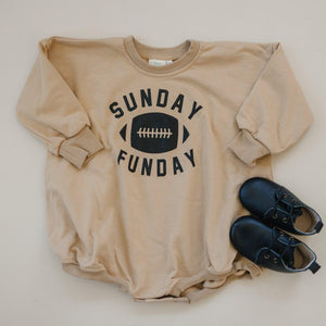 "Sunday Funday Football Sweatshirt Romper in various colors, angle view showcasing cozy baby apparel."