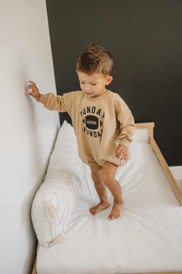"Sunday Funday Football Sweatshirt Romper in various colors, angle 4 view, perfect for stylish baby outfits."