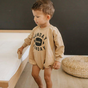 Baby Sunday Funday Football Sweatshirt Romper in various colors, angle view showcasing stylish design and comfort.