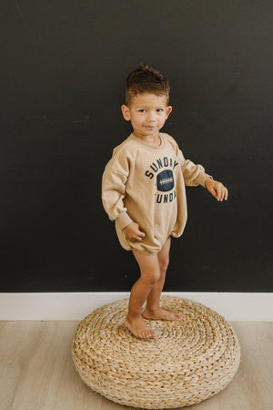 Sunday Funday Football Sweatshirt Romper in various colors, angle 3 view, perfect for stylish baby outfits.