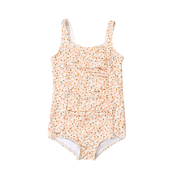 Vintage girls' 1 piece swimsuit in Sunset Meadow, UPF protected and made from recycled materials. Perfect for summer fun!