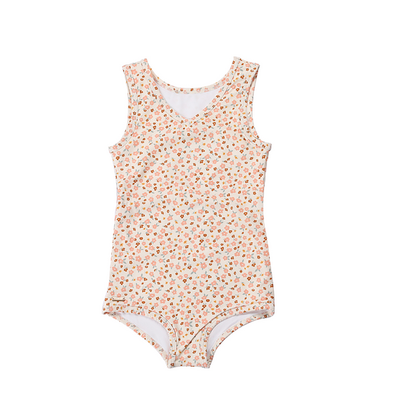 Sweetheart 1 Piece Swimsuit in Sunset Meadow, UPF protected and made from recycled materials for babies.