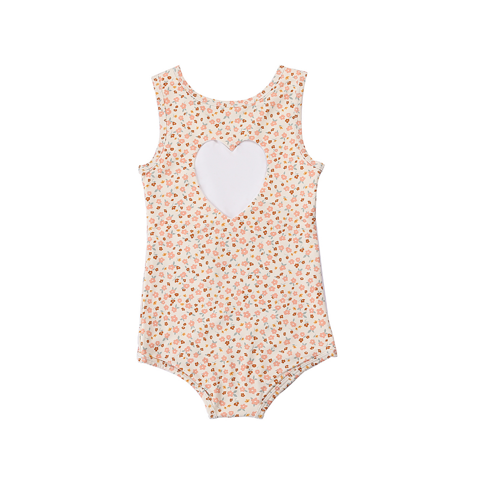 Sweetheart 1 Piece Swimsuit in Sunset Meadow, UPF protected and made from recycled materials for babies.