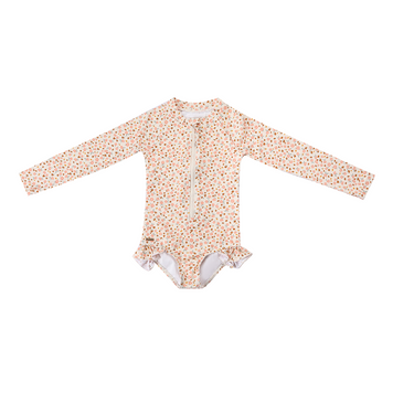 Long Sleeve Rashguard Ruffle Swimsuit for babies in Sunset Meadow print, UPF protection, made from recycled materials.