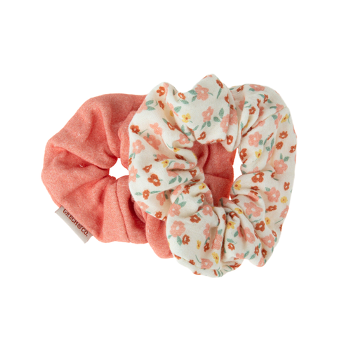Set of 2 organic cotton hair scrunchies in Sunset Meadow design, perfect for babies and toddlers.
