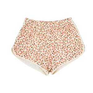 Retro organic cotton terry baby shorts in Sunset Meadow design, perfect for stylish and comfortable playtime.