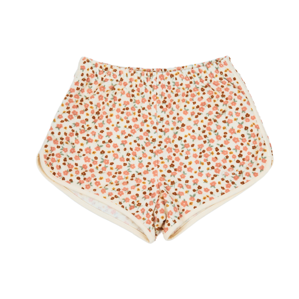 Retro organic cotton terry baby shorts in Sunset Meadow design, perfect for stylish and comfortable playtime.