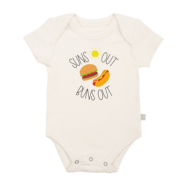 "Graphic baby bodysuit 'Suns Out Buns Out' - Short Sleeve, perfect for sunny days."