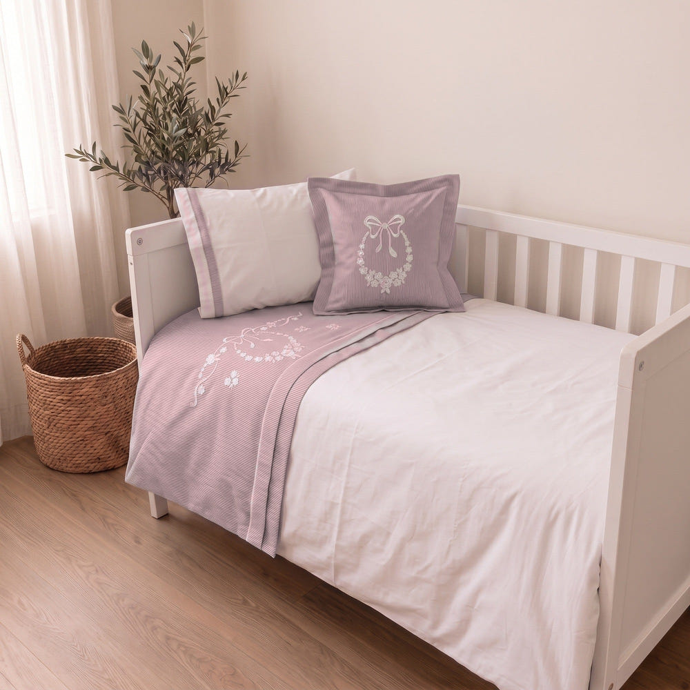 Laurel Bow Embroidered Cotton Baby Duvet Cover Set, 4 Pieces by LaFiny, Pink #pink