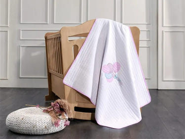 Balloon Embroidered Cotton Baby Blanket, 35x43 in by LaFiny, Pink Piping #pinkpiping