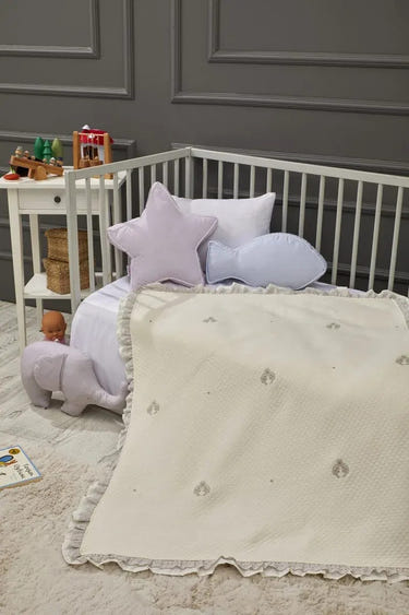 Dream Embroidered Ruffled Cotton Baby Blanket, 35x43 in by LaFiny, Ecru Stone #ecrustone