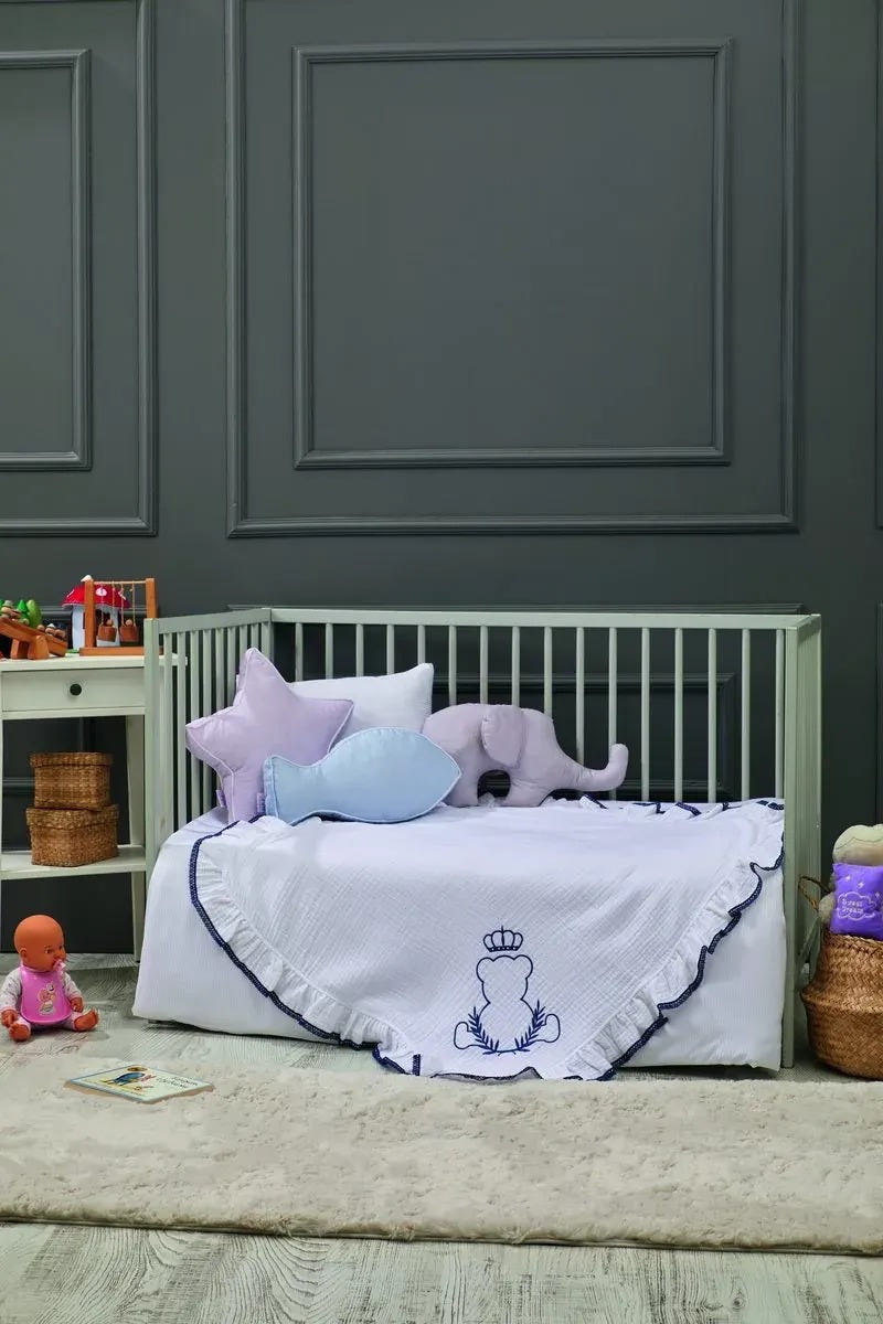 King Bear Embroidered Muslin Baby Blanket, 33x33 in by LaFiny, White/Grey #white/grey