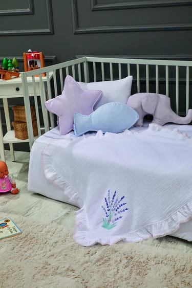 Lavander Embroidered Muslin Baby Blanket, 33x33 in by LaFiny, White/Purple #white/purple