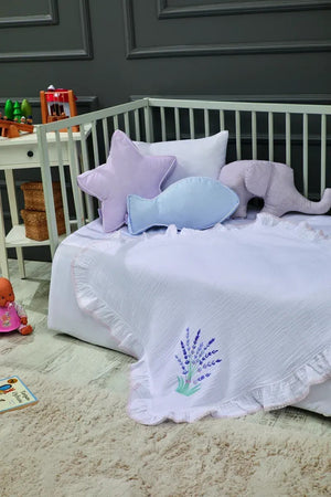 Lavander Embroidered Muslin Baby Blanket, 33x33 in by LaFiny, White/Purple #white/purple