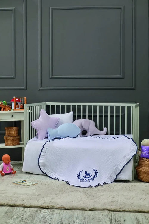 Lucky Colt Embroidered Muslin Baby Blanket, 33x33 in by LaFiny, White/Blue #white/blue