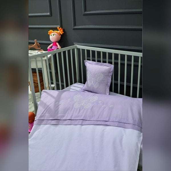 Butterfly Embroidered Cotton Baby Duvet Cover Set, 4 Pieces