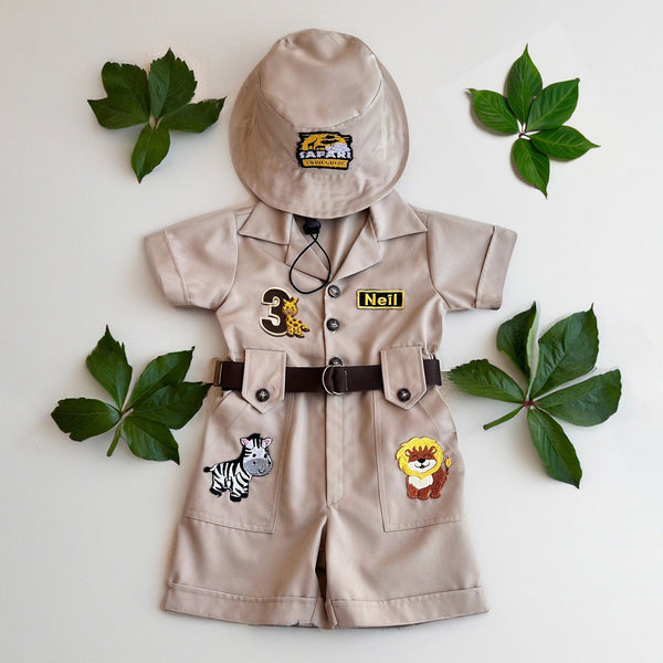 Personalized Handmade Safari Explorer Costume for Toddler - Zoo Keeper Jumpsuit for Kids - Halloween Safari Guide Outfit by Costumes Club, Beige #beige