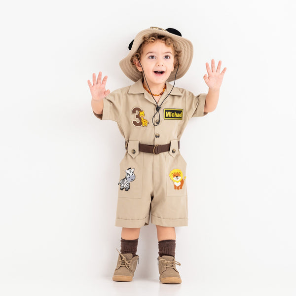 Personalized Handmade Safari Explorer Costume for Toddler - Zoo Keeper Jumpsuit for Kids - Halloween Safari Guide Outfit by Costumes Club, Beige #beige