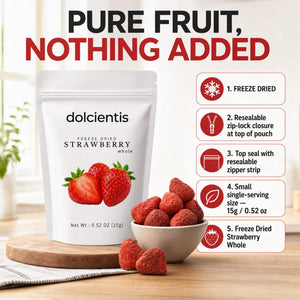 Dolcientis Freeze Dried Whole Strawberries | Single Ingredient, No Sugar Added Snack | Vegan, Keto-Friendly | 0.52 oz (15g) Bag