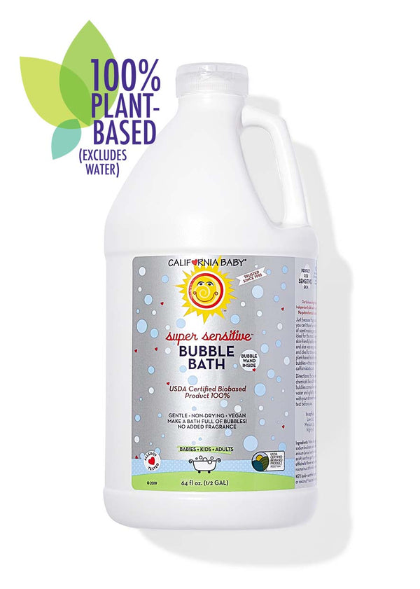 No Fragrance Super Sensitive™ Bubble Bath in a bottle, showcasing gentle formula for babies at an angle.