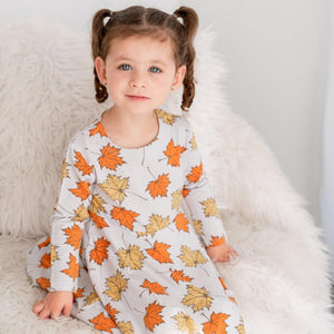Swirly Girl Dress - Grey Leaves