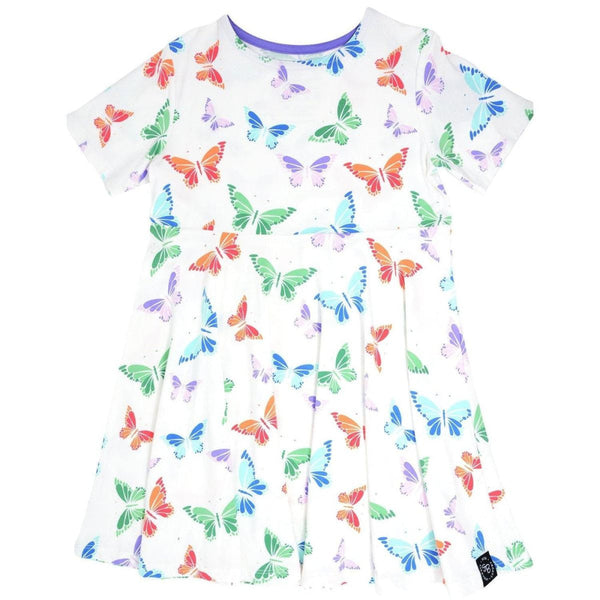 Swirly Girl Short Sleeve Dress - Rainbow Butterflies