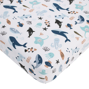 Explore Dream Discover Light Blue, Navy, Gray and Coral Ocean 4 Piece Nursery Crib Bedding Set - Comforter, 100% Cotton Fitted Crib Sheet, Crib Skirt and Nursery Organizer