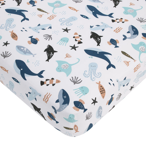 Explore Dream Discover Light Blue, Navy, Gray and Coral Ocean 4 Piece Nursery Crib Bedding Set - Comforter, 100% Cotton Fitted Crib Sheet, Crib Skirt and Nursery Organizer