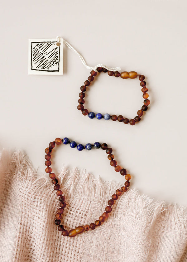 Raw Cognac Baltic Amber + Lapis || Kids Bracelet + Necklace Set ||
