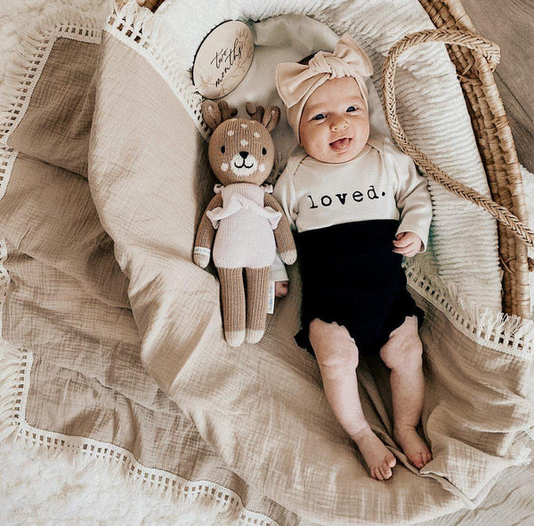 Tan Fringe Muslin Swaddle Blanket