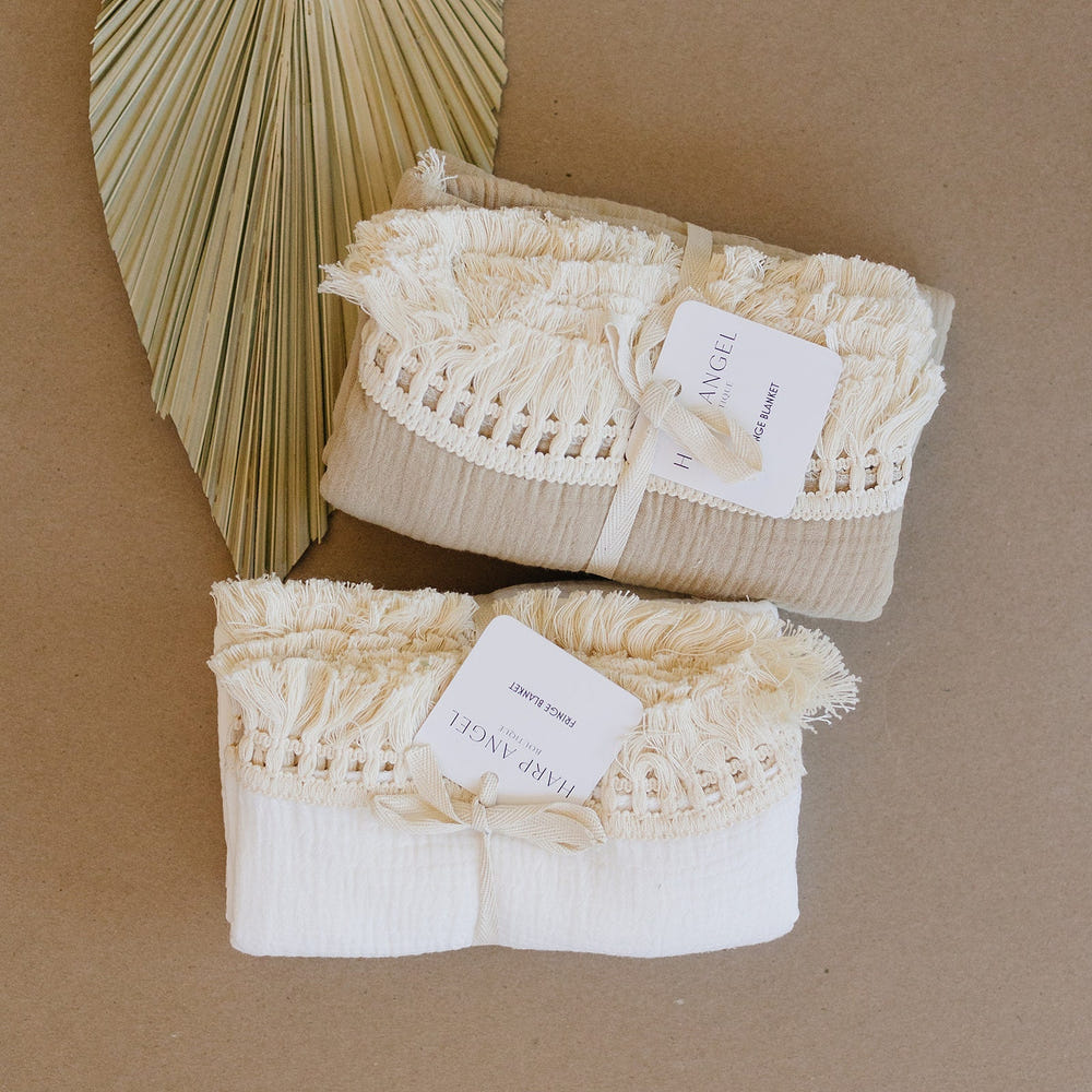 Tan Fringe Muslin Swaddle Blanket