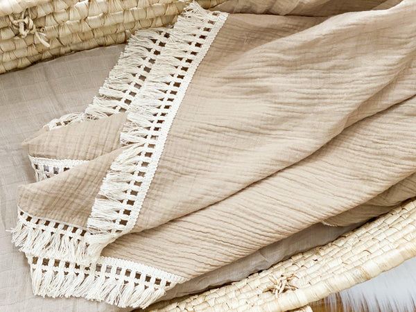 Tan Fringe Muslin Swaddle Blanket